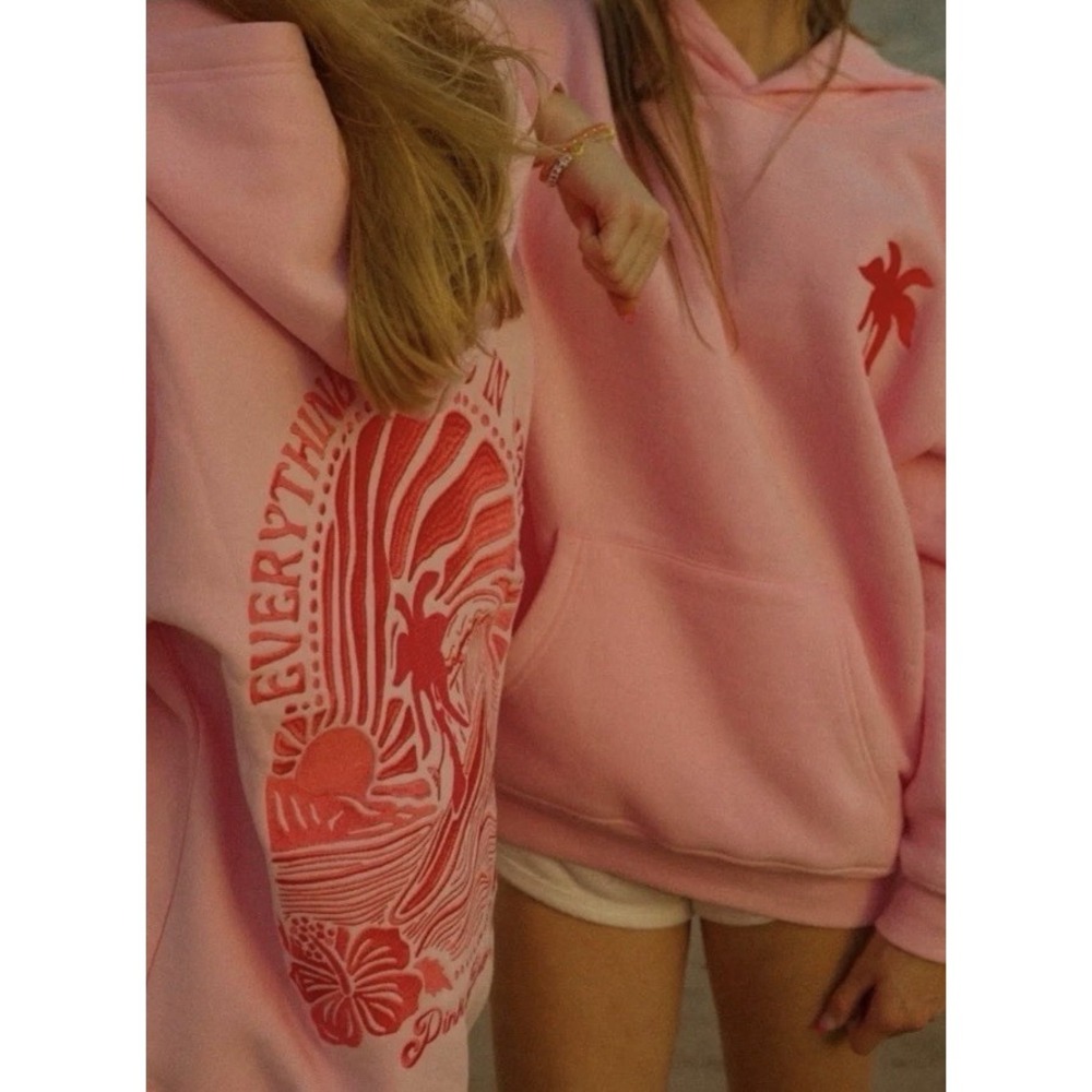 Pink Palm Puff Everything Comes In Waves Pink Embroidered Hoodie Size Medium